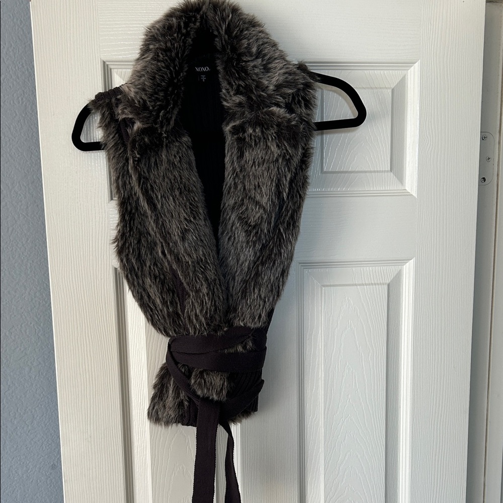 Faux Fur Vest with Belt - Brown and Gray tone